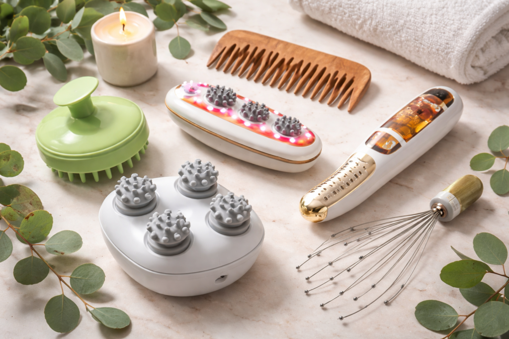 assortment of essential scalp massage tools
